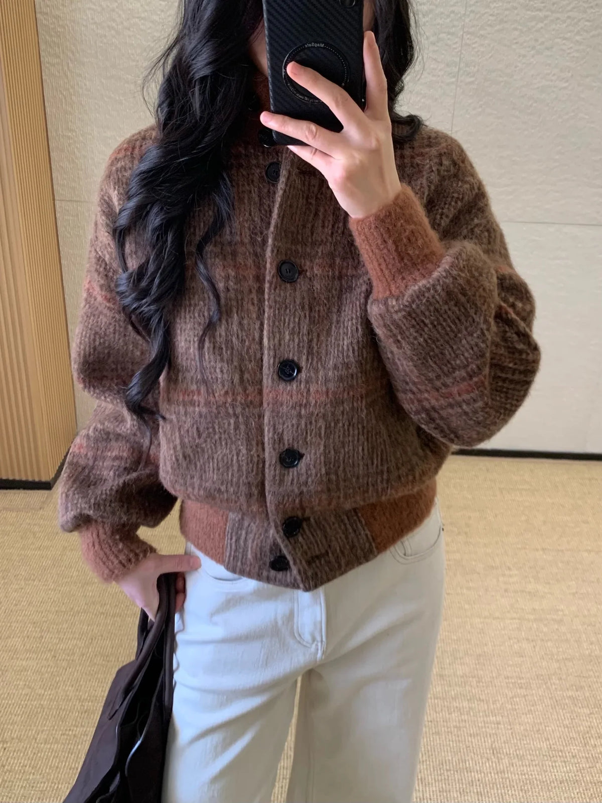 Vintage Plaid Wool Blend Stand Collar Jacket for Women