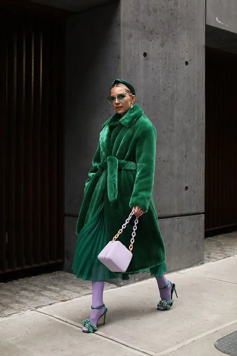 Long Belted Faux Fur Winter Coat