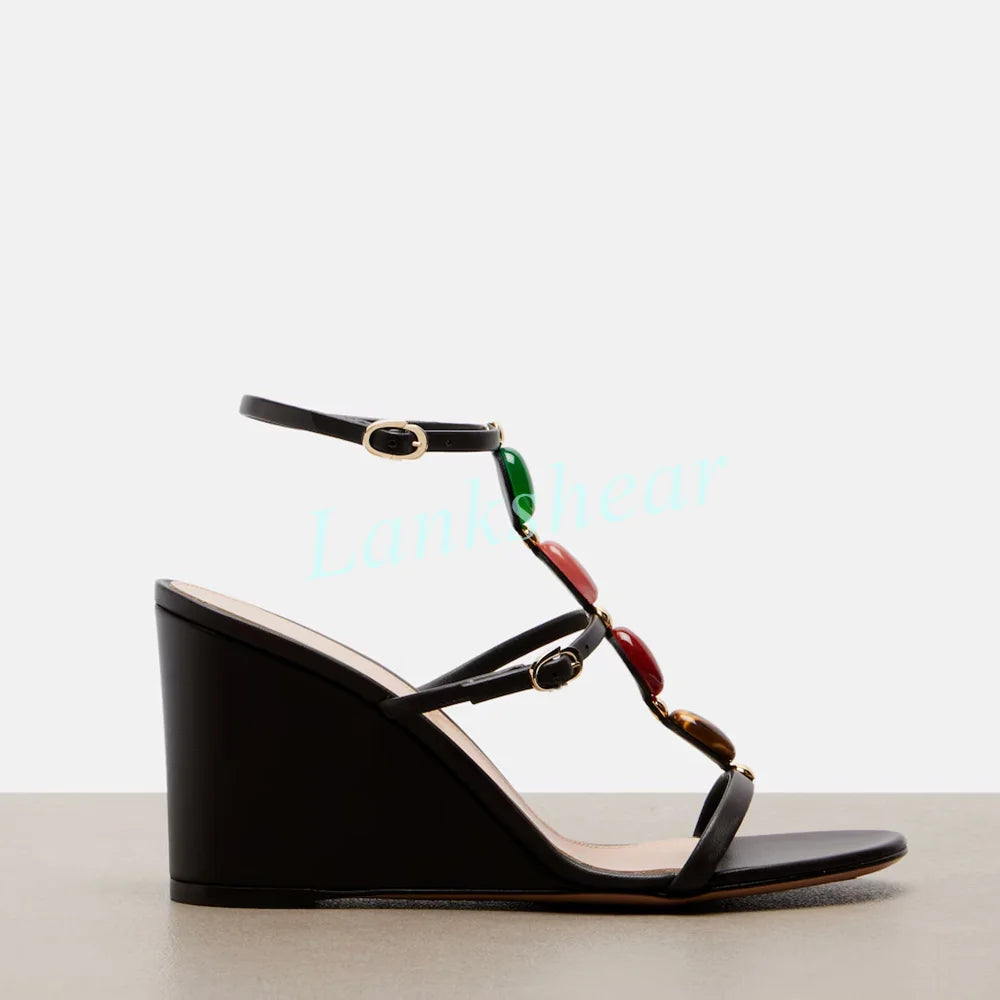 Multicolor Stone Embellished Ankle Buckle Wedge Sandals for Women