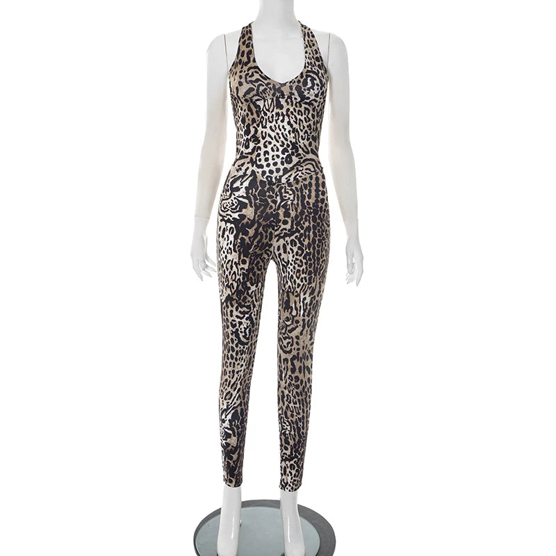 Leopard Print Sleeveless Jumpsuit with Stretch for Women