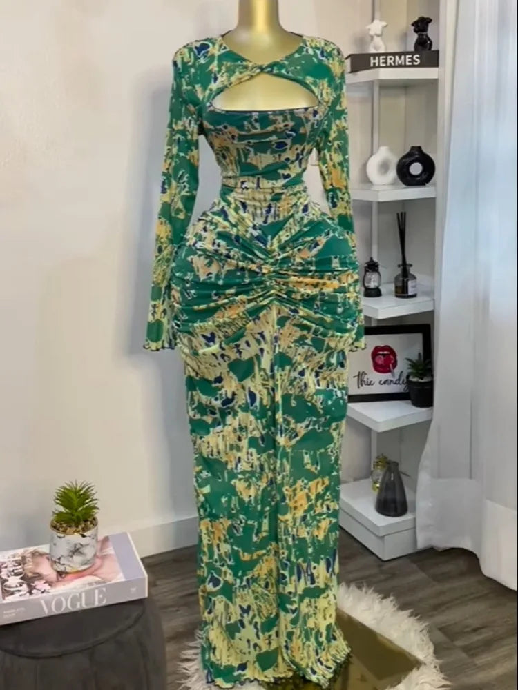 Elegant Pleated O Neck Long Sleeve Maxi Dress For Women