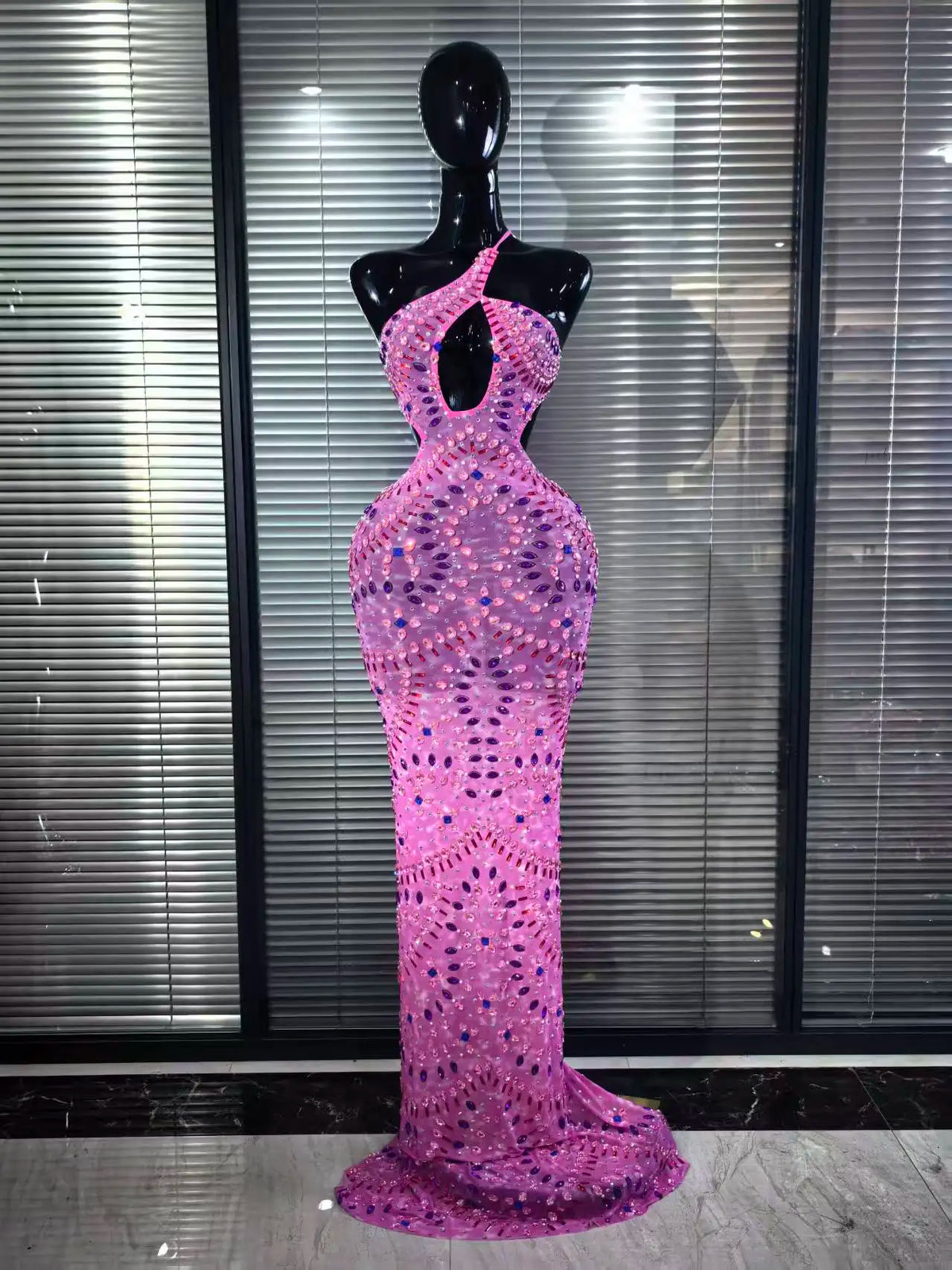 Pink Color Women Sexy Halter Backless Mesh See Through Bodycon Floor-length Mermaid Dress Birthday Party Cocktail Outfit