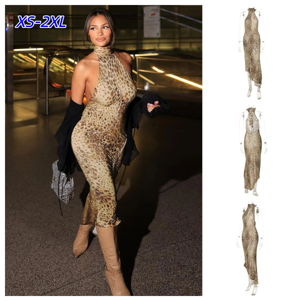 Halter Neck Leopard Print Backless Maxi Dress for Women