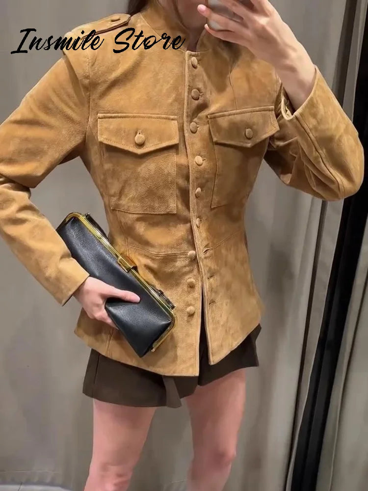 Vintage Stand Collar Single Breasted Military Coat For Women