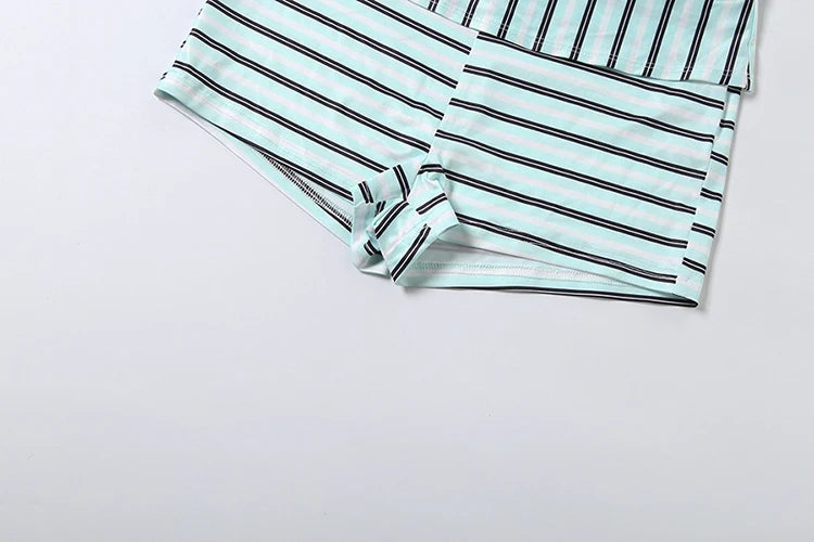 Striped Patchwork Two Piece Set With Skew Collar And Bike Shorts for Women