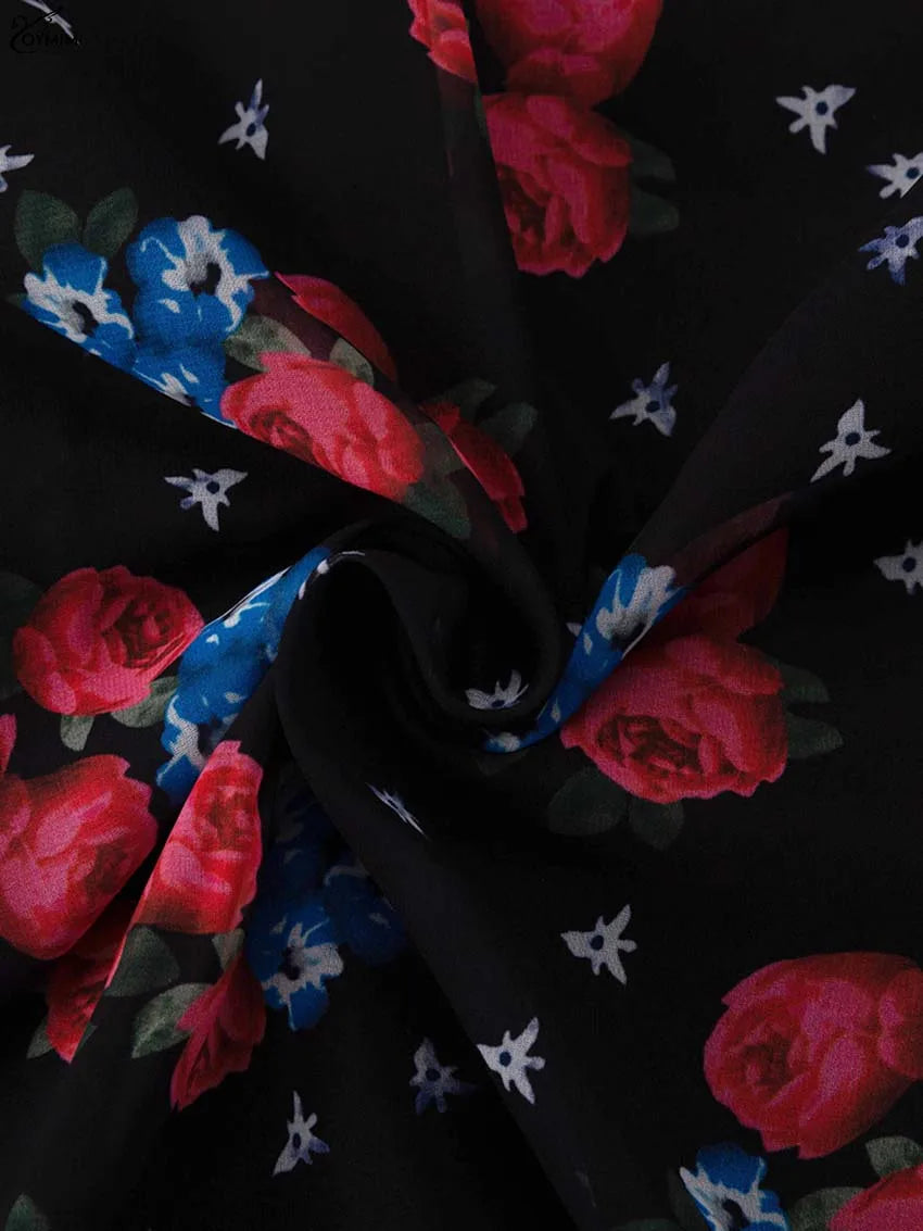 Oymimi Elegant Black Print Two Piece Set For Women Fashion Ruffled Long Sleeve Crop Shirts And Side Slit Floor-Length Skirts Set