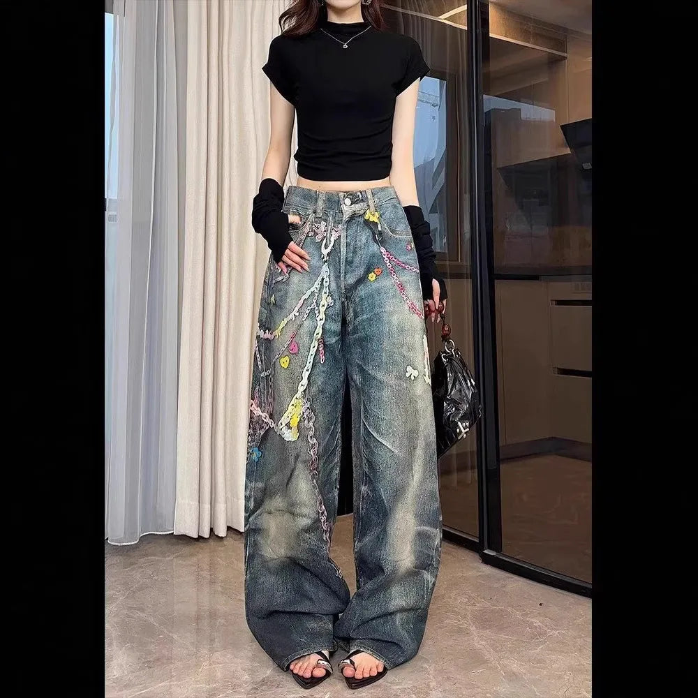 American Vintage Chain Print Cotton Straight Pants for Women