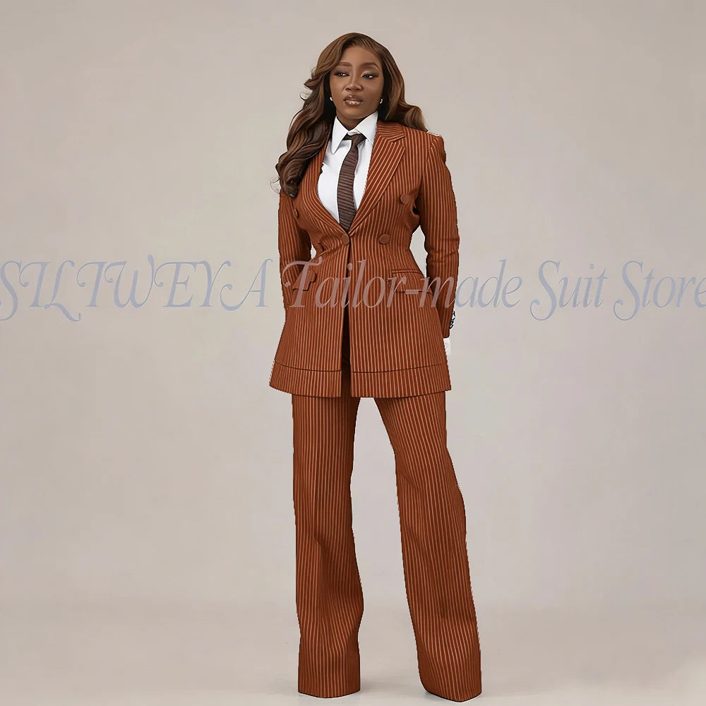 Slim Fit Brown Striped Blazer Set With Pants For Women