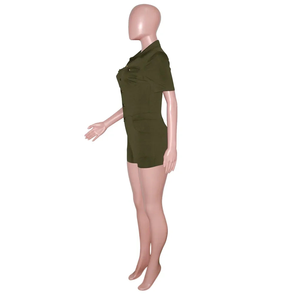 Summer V Neck Mesh Cargo Short Jumpsuit for Women