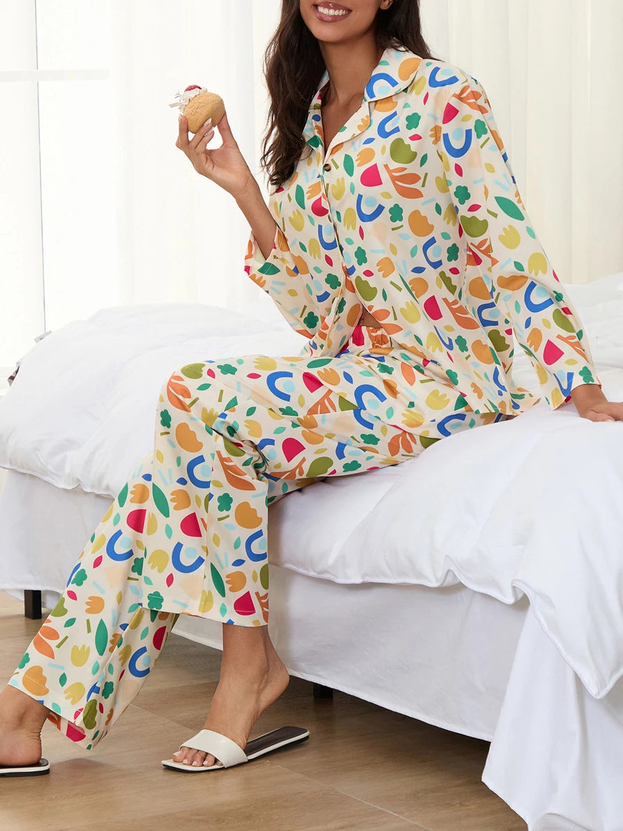 Women Pajamas Set 2 Pieces Loungewear Suits Fashion Print Button up Long Sleeve Tops and Elastic Pants Sleepwear Outfits Pjs