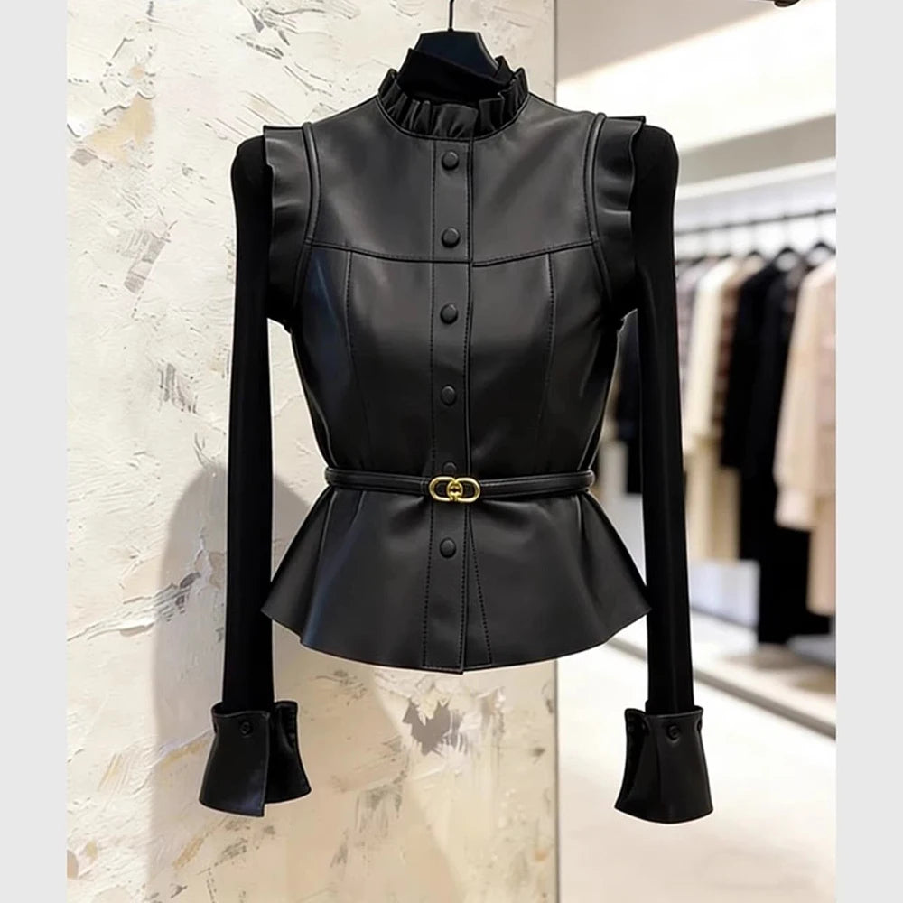 Vintage Black Ruffle Single Breasted Sleeveless Vest For Women