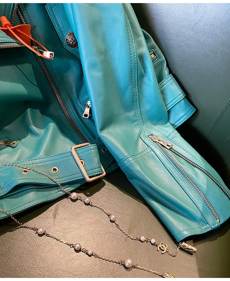 Bright Green Faux Leather Biker Jacket With Adjustable Waist For Women