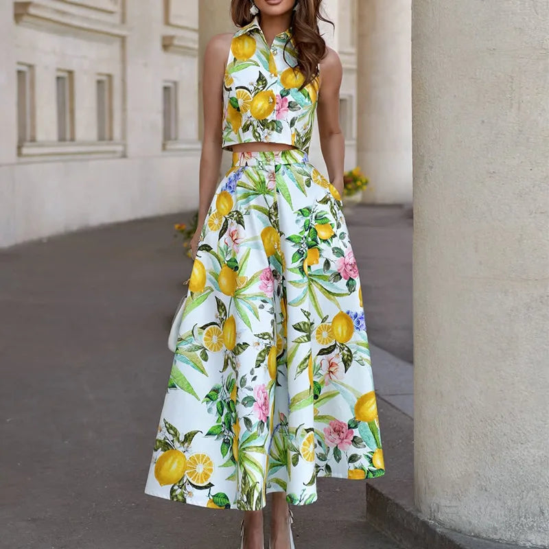 Lemon Print Sleeveless Top With Pocket Two Piece Set for Women
