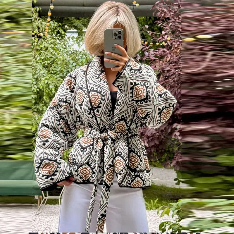 Printed Cotton Padded Winter Coat with V Neck for Women
