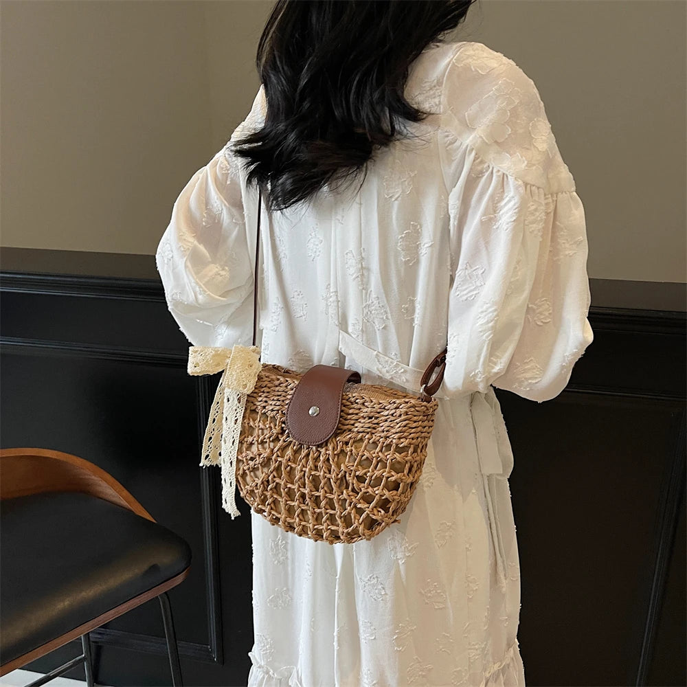 Straw Knitted Shoulder Bag With Bowknot Handmade for Women