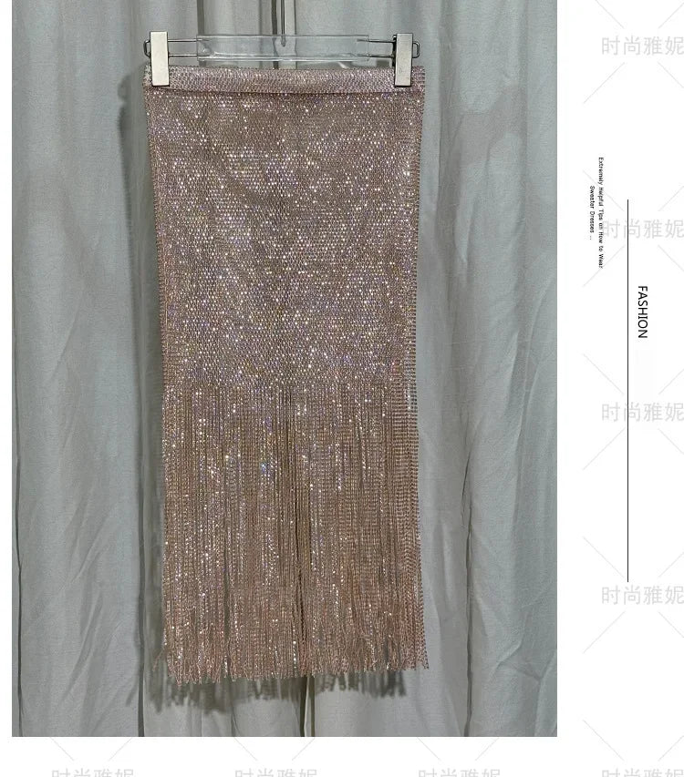 Women's Clothes High Waist Skirt Winter 2025 Early Autumn New Socialite Light Luxury Heavy Embroidery Sequins Tassel Midi Skirts