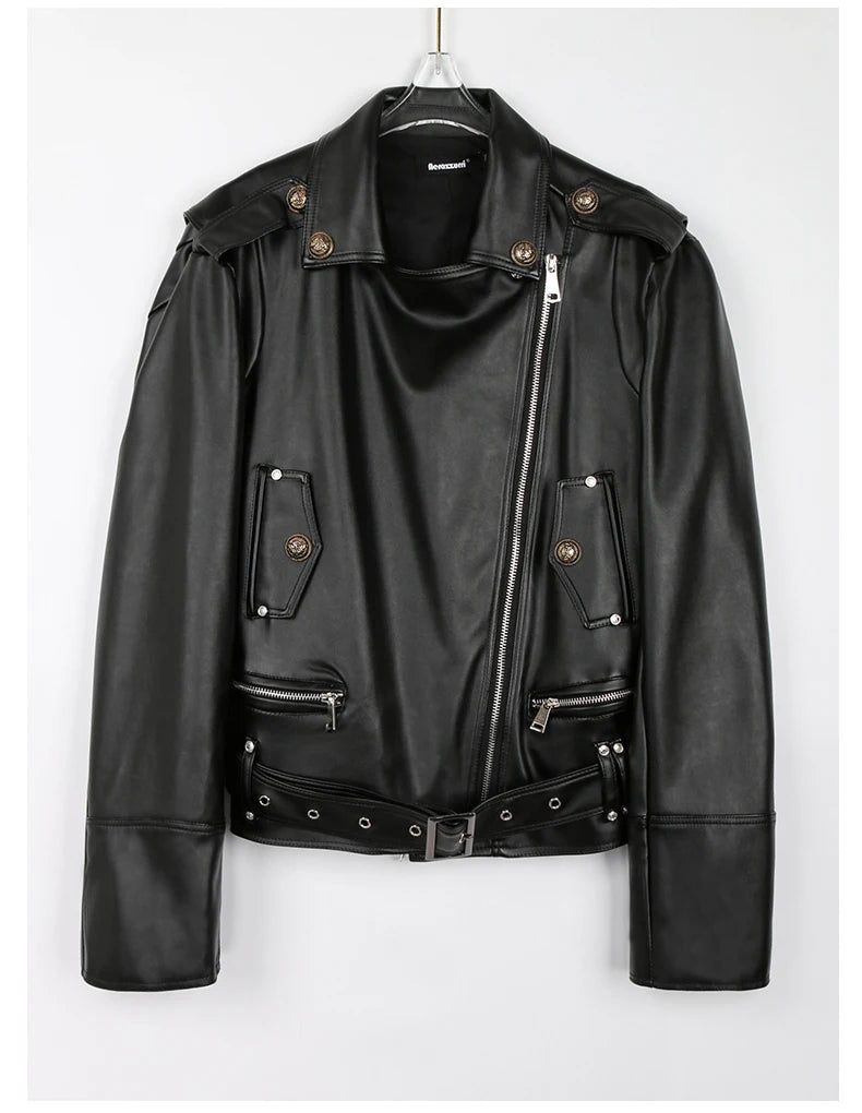 Bright Green Faux Leather Biker Jacket With Adjustable Waist For Women