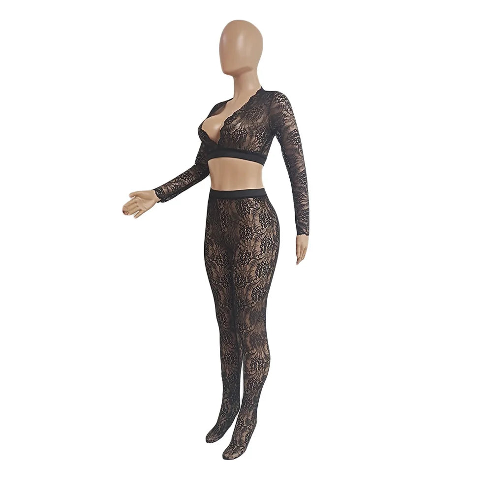 Lace Sheer Two Piece Set With Deep V Crop Tops for Women