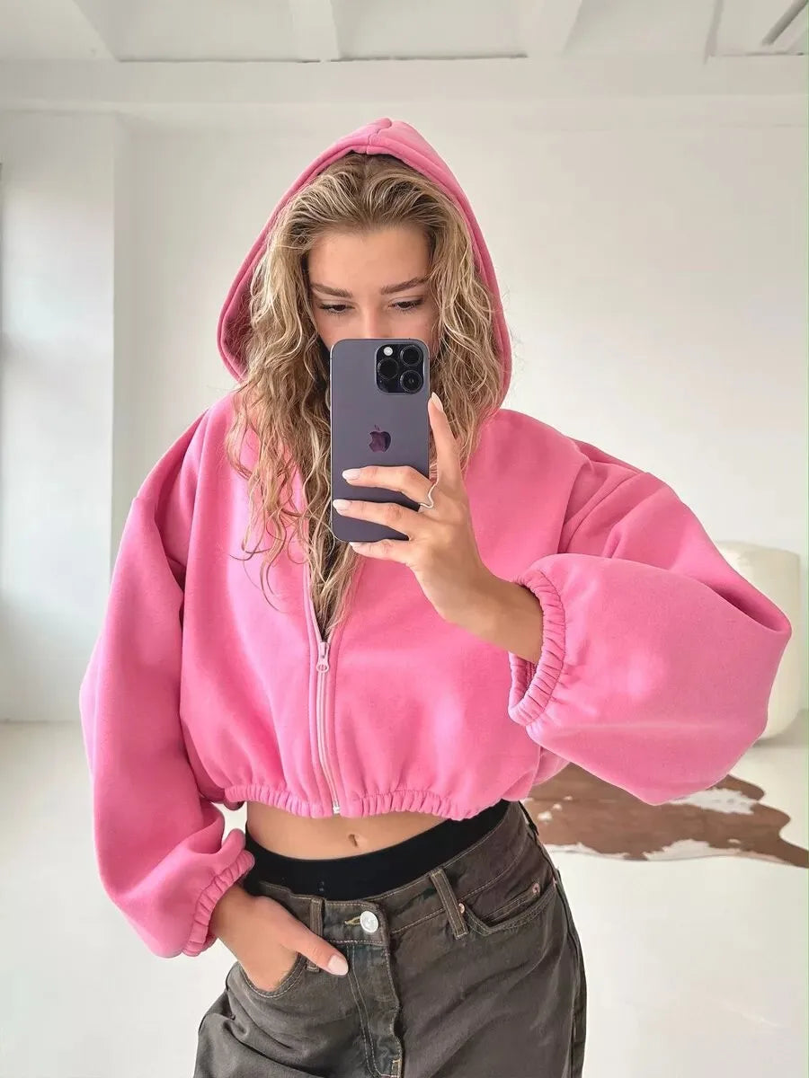 Cropped Zipper Hooded Sweatshirt Jacket With Long Sleeves for Women