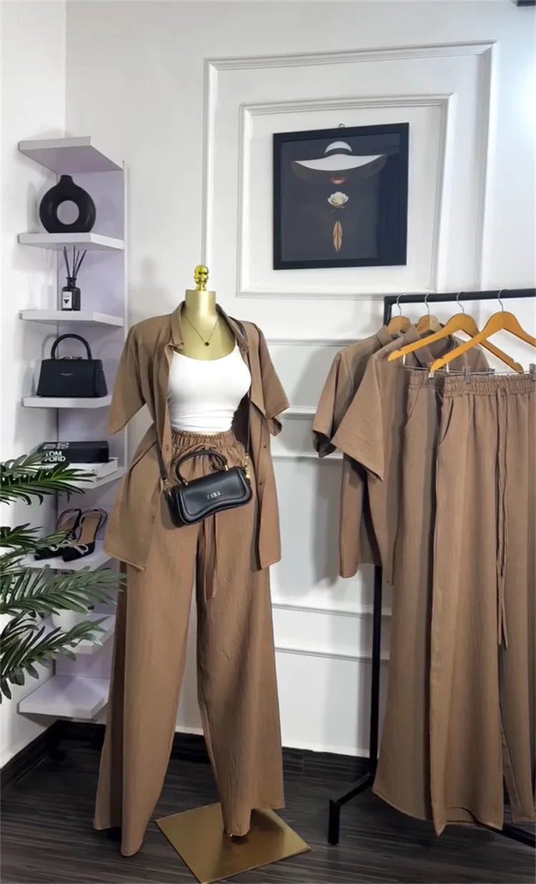 Casual Two Piece Shirt and Wide Leg Pants Set for Women