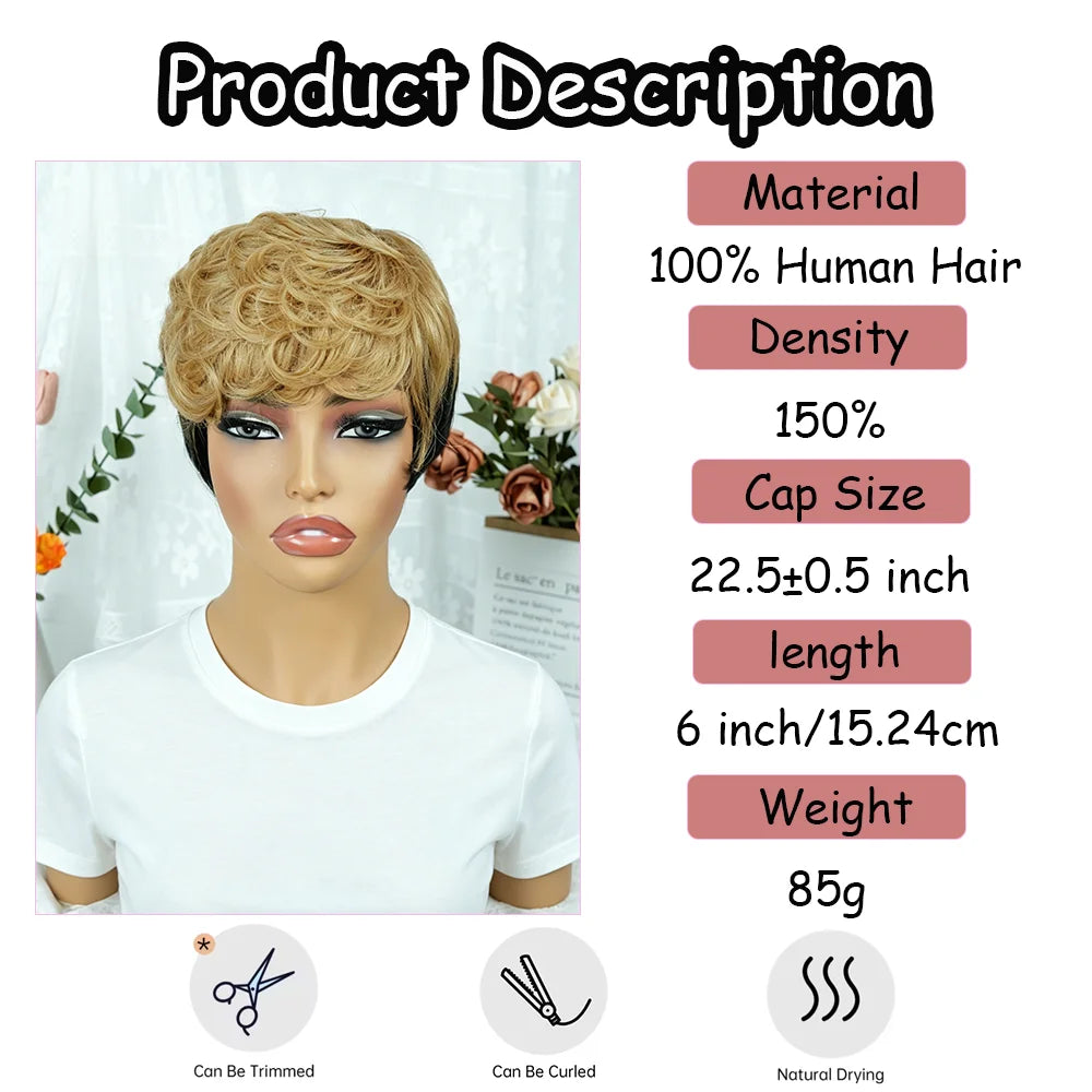 Kinky Curly Bob Wig With Bangs Black Champagne Human Hair For Women