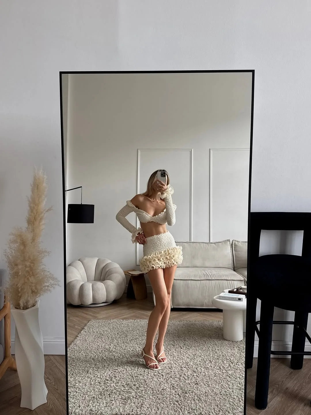 Cream Textured Vacation Off-Shoulder Two-Piece Set for Women