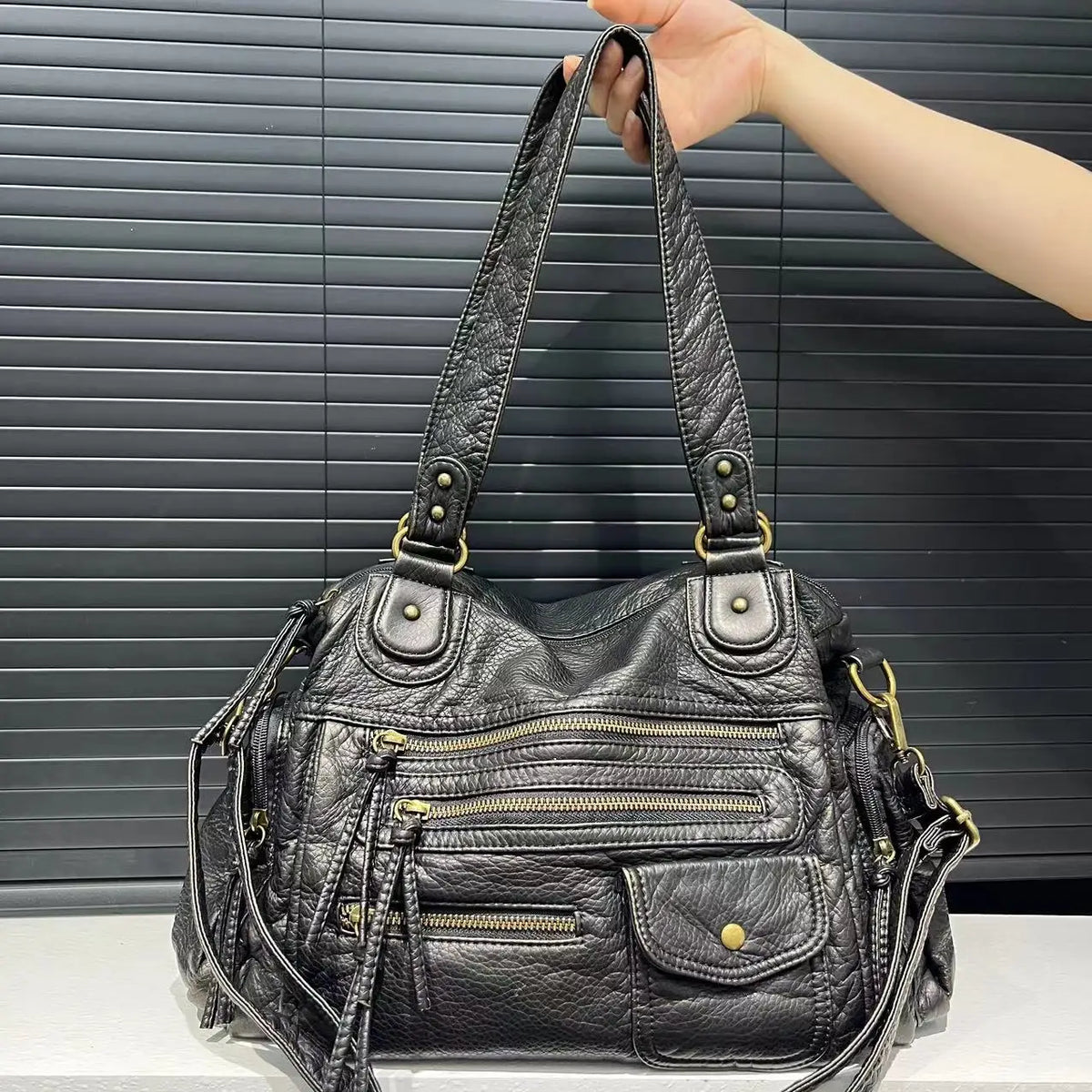 Washed Leather Look Crossbody Bag