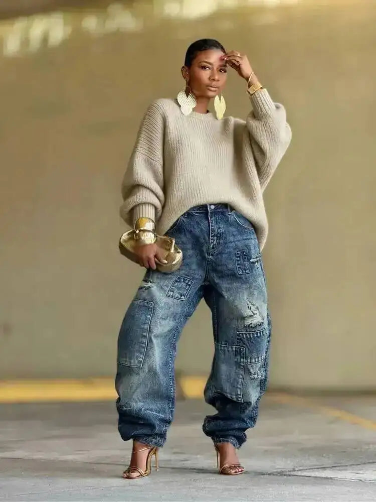 Washed Distressed Patchwork Loose Fit Jeans for Women
