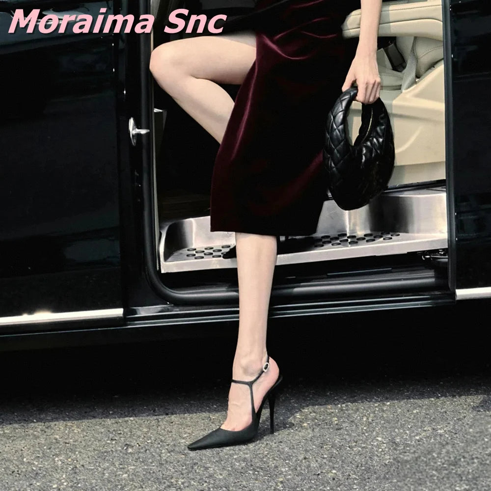 Black Satin Pointed Toe Ankle Strap Stiletto Sandals For Women