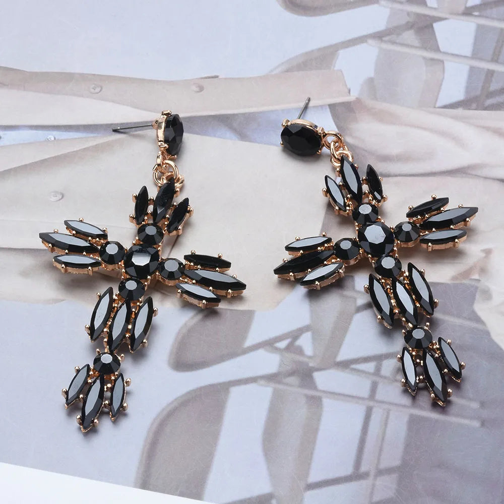 Black Crystal Rhinestone Cross Dangle Earrings for Women