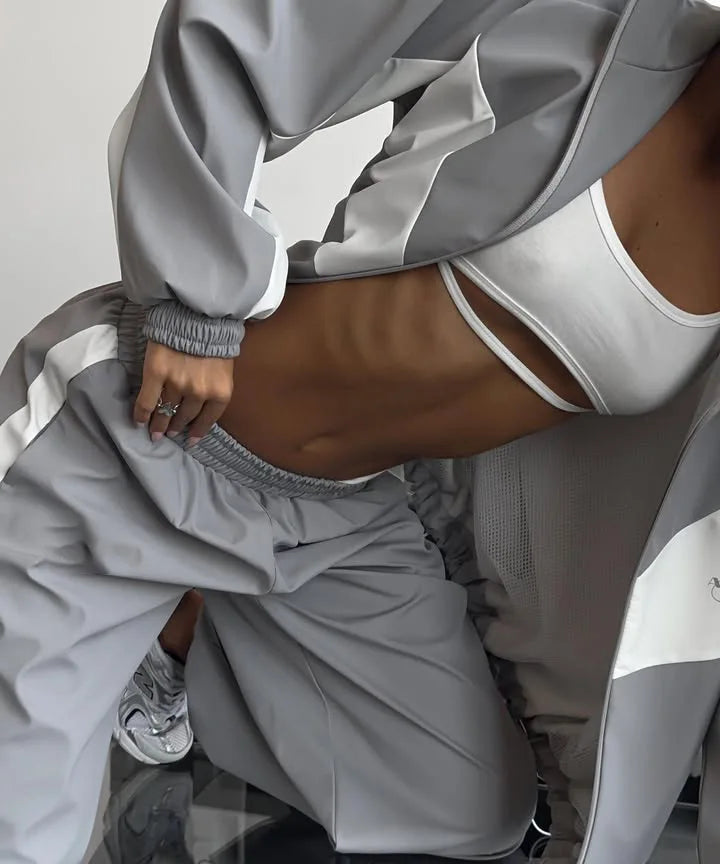 Casual Contrast Color Zipper Tracksuit Set for Women