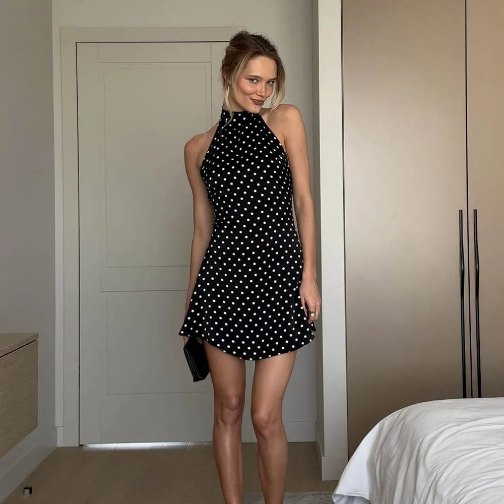 Elegant Dot Halter Satin Backless Mini Dress for Women