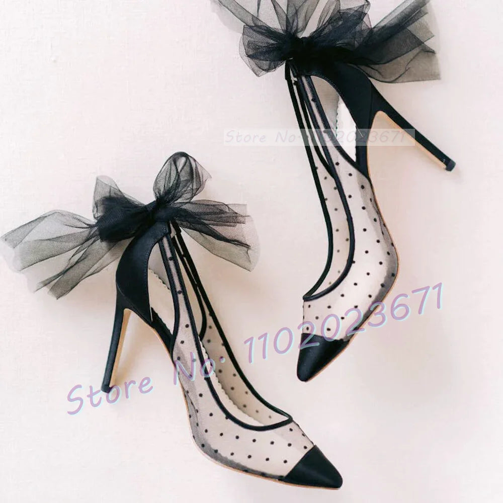 Black Tulle Bow Dots Pumps Women Summer Mesh High Heels Sexy Pointy Wedding Silk Shoes Ladies Party Solid Casual Slingback Pumps