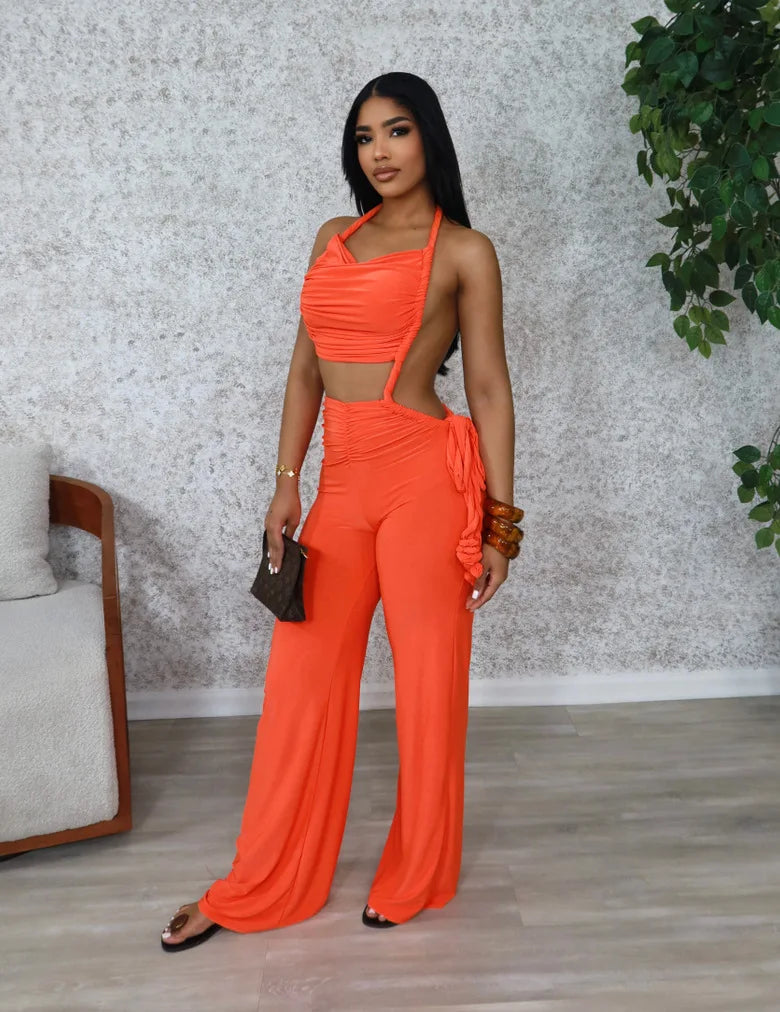 FAGADOER Sexy Ruched Patchwork Bodycon Jumpsuits For Woman Halter Sleeveless Wide-leg Romper Female Streetwear Overalls 2025 New