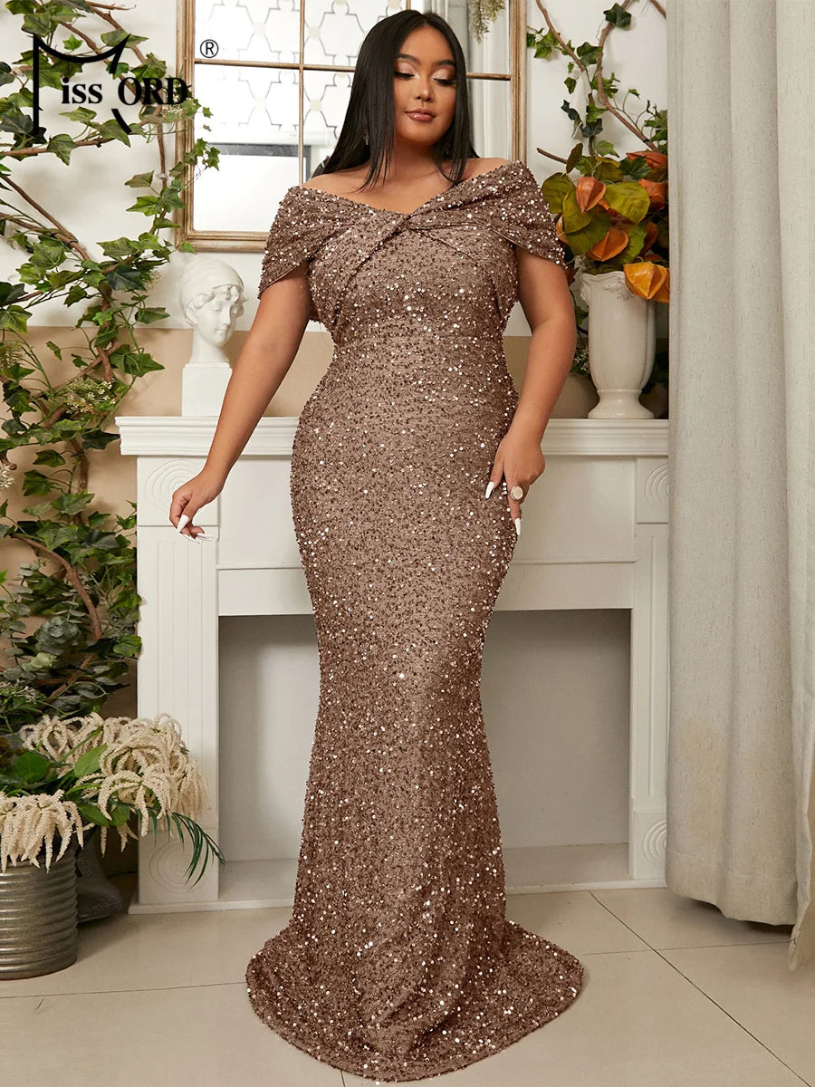 Missord Grey Sequin Plus Size Evening Dress Elegant Women Off Shoulder Bodycon Maxi Mermaid Party Prom Dresses Long Formal Gown