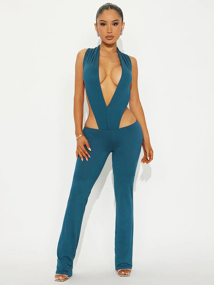 Weird Puss Hipster 2 Piece Set Women Sexy Deep V-Neck Hollow Bandage Bodysuit+Flare Pants Summer Midnight Matching Clubwear Suit