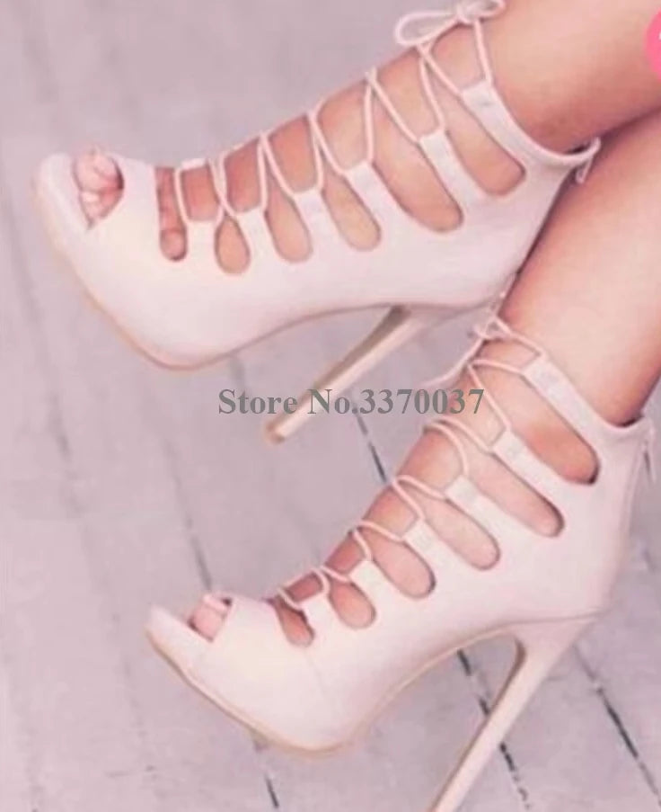 Lace Up Cross Strap Peep Toe Suede Leather Stiletto Pumps for Women