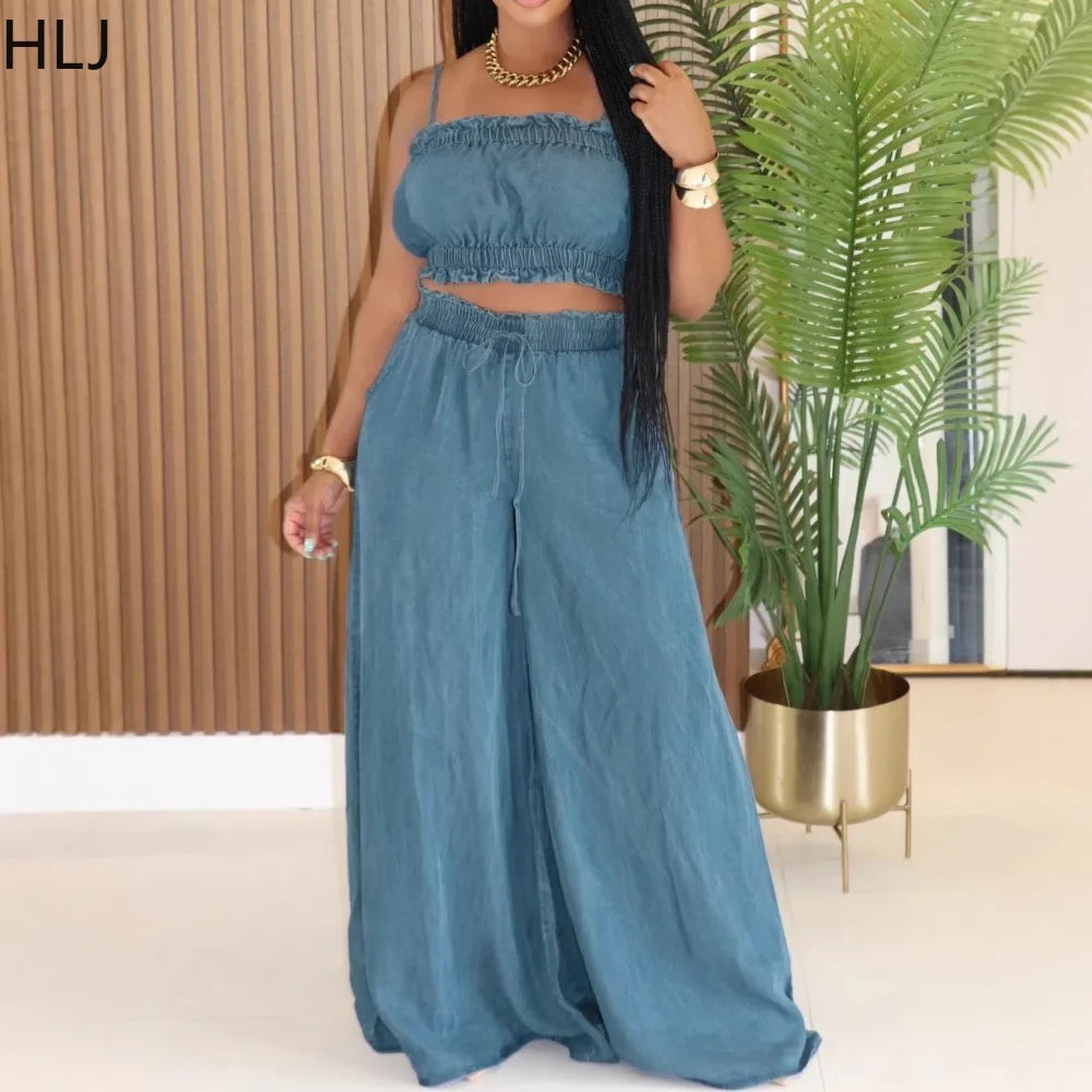 Ruched Spaghetti Strap Denim Two Piece Set for Women