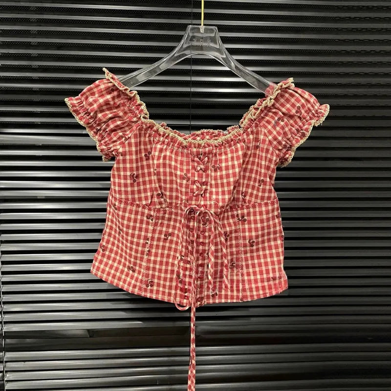 ANJY Spring Summer New Women Fashion Vintage Plaid Patchwork Denim Multi-layered Skirt Sweet Drawstring Short Sleeve Tops A24530