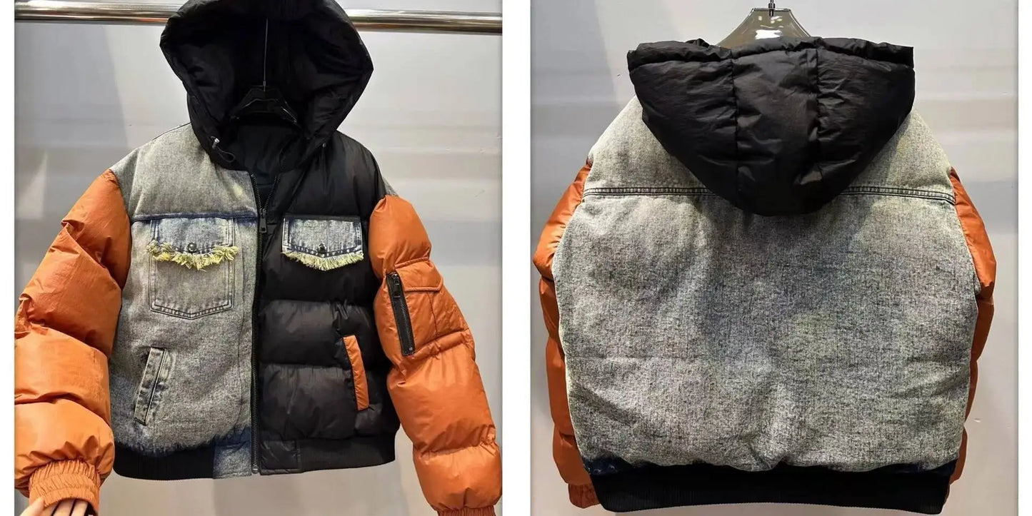 ANJY Autumn Winter New Women European Trendy Padded Coat Heavy-Duty Denim Patchwork Pocket Color-Block Hooded Down Jacket A12508