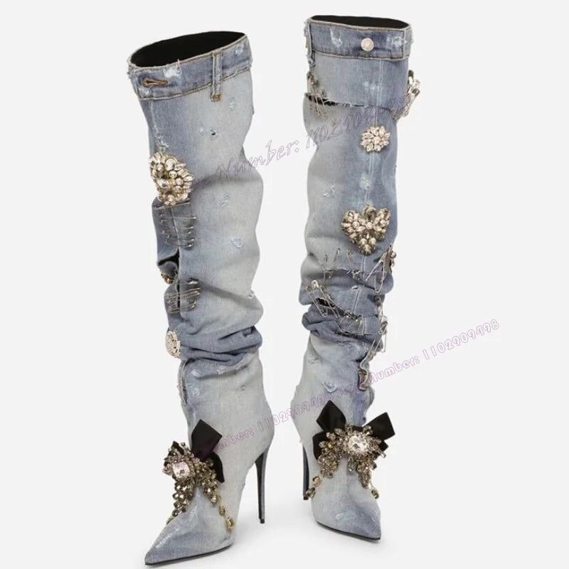 Blue Crystal Embellished Denim Knee High Boots for Women