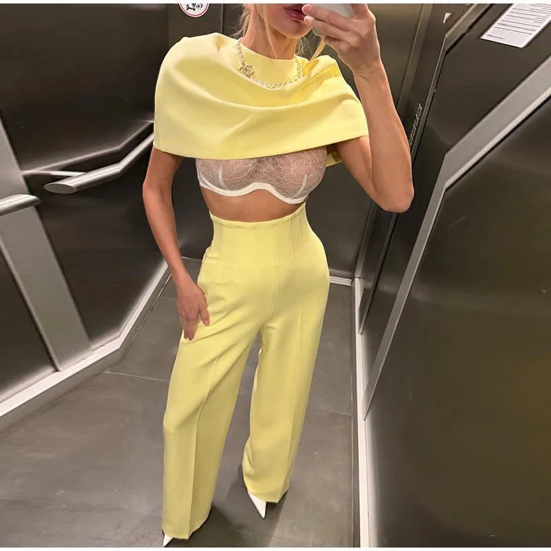 Elegant Wide Leg Pants And Blazer Three Piece Set For Women