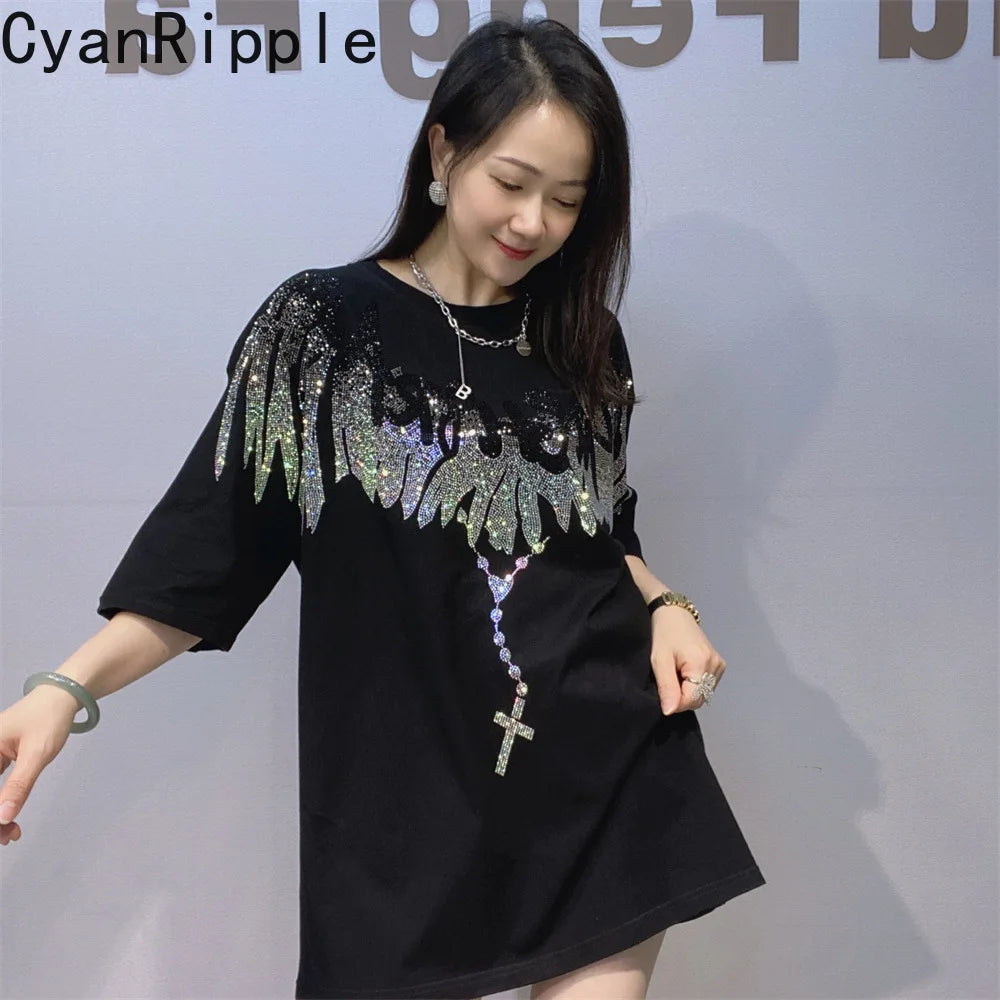 Streetwear New Spring Summer Women Short Sleeve T-shirt Hot Diamonds Wings Mid-long Oversize Pullover Trendy Couple Cotton Tees