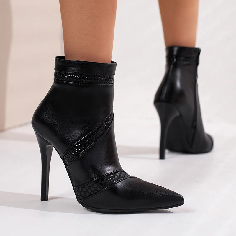 Pointed Toe PU Leather Stiletto Ankle Boots for Women