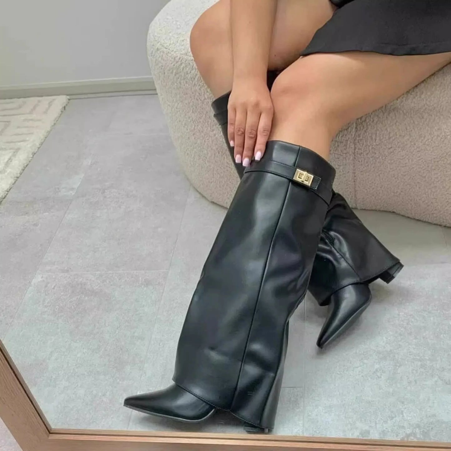 Pointed Toe Thick High Heel Mid Calf Boots for Women