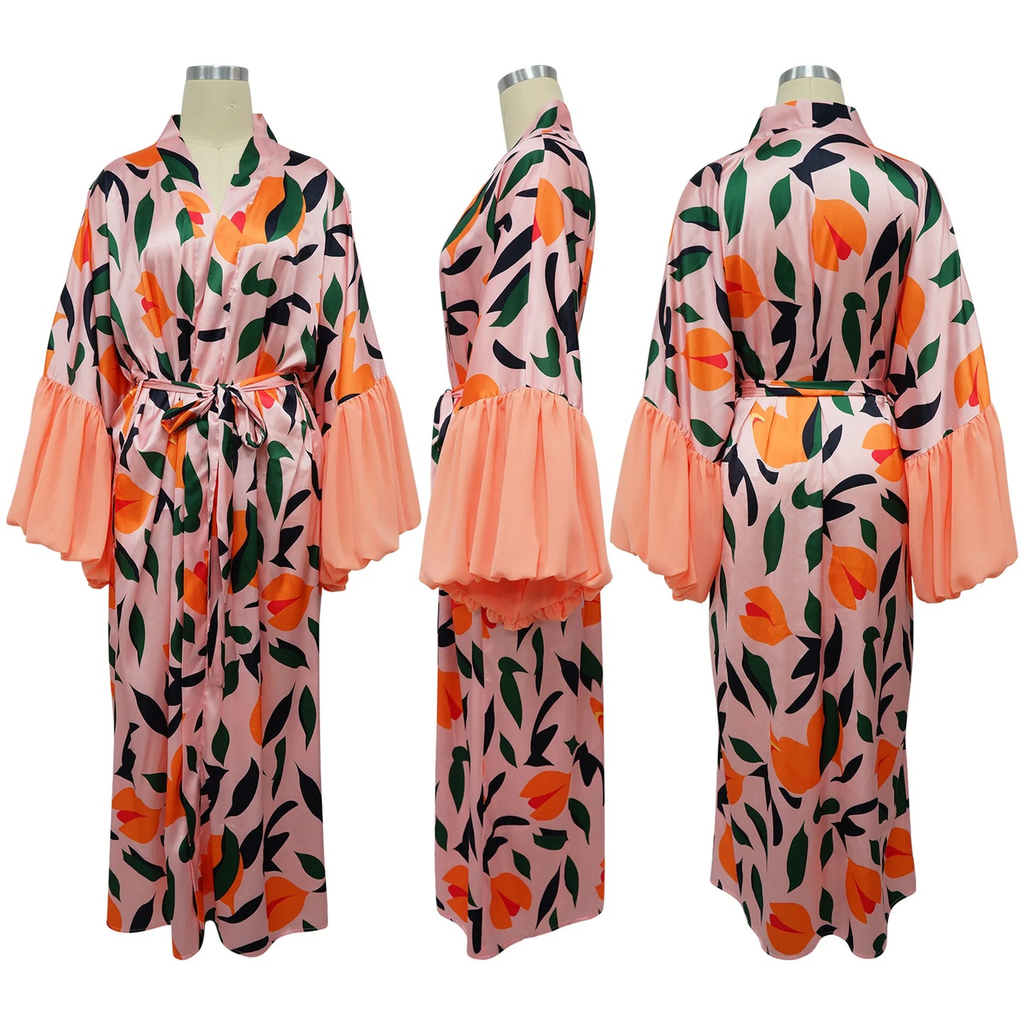 Vintage Floral Printed Chiffon Long Cardigan With Ruffle Sleeves for Women