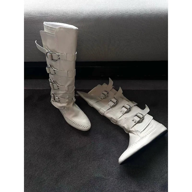 Flat Bottom Real Leather Mid Calf Boots With Metal Buckle For Women