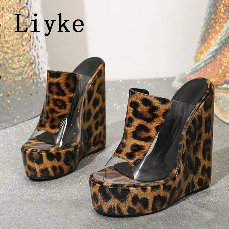 Open Toe Platform Leopard Print Wedge Sandals for Women