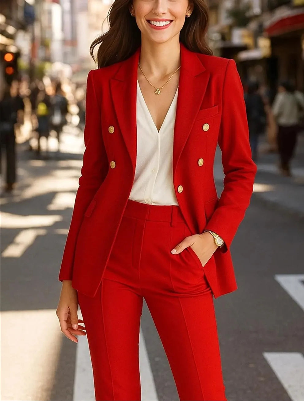 New Women's Suit Red Double Breasted Formal 2-Piece Slim Fit Wedding Outfit Clothing Office Lady Blazer Set (Jacket+Pants)