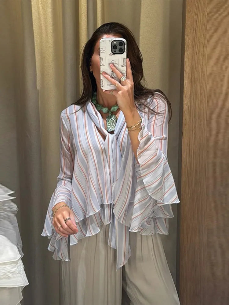 Casual Striped Long Flare Collar Cascading Ruffle Shirt for Women